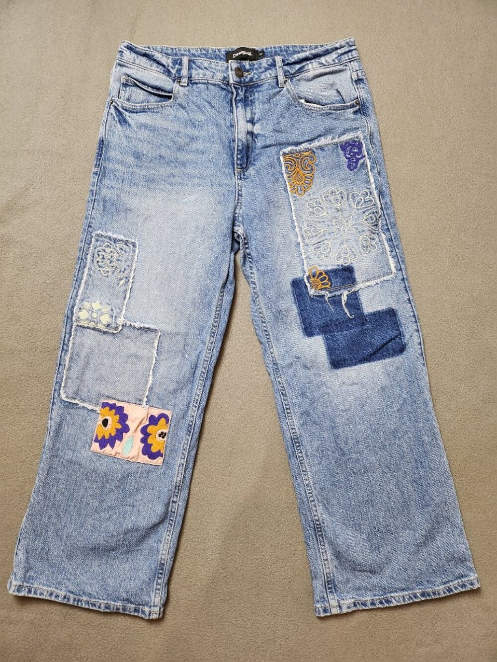 Desigual Patchwork Embroidered Culotte Jeans Wide Leg Cropped High Rise